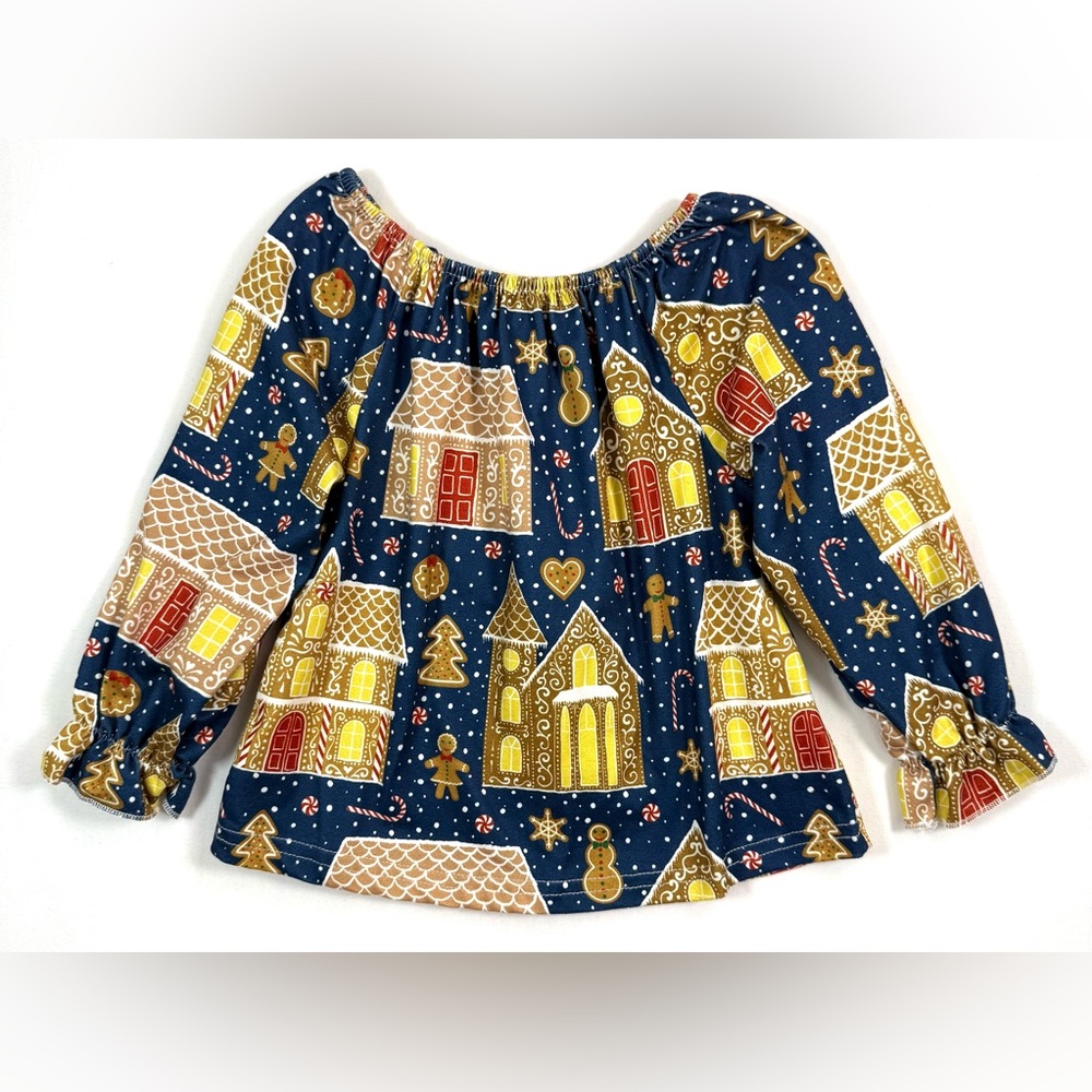 MARIE NICOLE Girls Gingerbread House Christmas Peasant Blouse Small Boutique Top